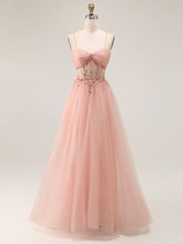 Light Pink Glitter Beaded Tulle Corset Long Porm Dress