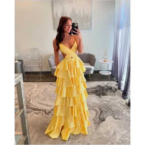 Customized Golden Emulation Silk Strapless Prom Dresses Backless vestidos de noche Floor-Length Sleeveless Formal Evening