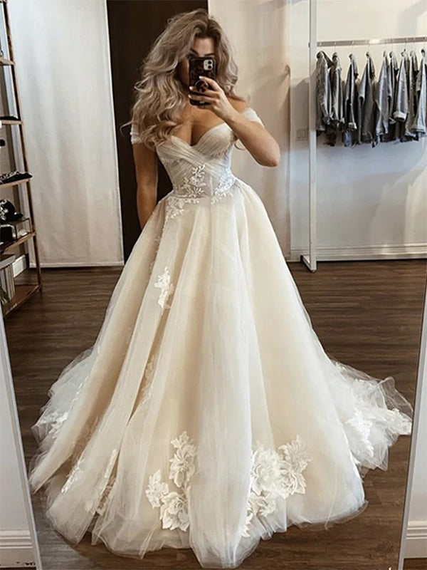 champagne mermaid wedding dresses Champagne Tulle Off Shoulder Mermaid Wedding Dress, WD0450 – Anna PromDress