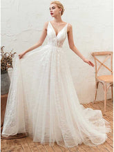 Tulle V-neck Long Applique Wedding Dress, WD0465