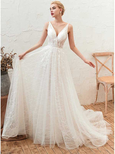 Tulle V-neck Long Applique Wedding Dress, WD0465