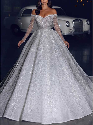 Off Shoulder A-line Long Sleeves Lace Wedding Dress with Trailing, WD0475
