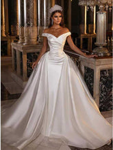Off Shoulder Satin A-line Wedding Dress with Pleats, WD0487
