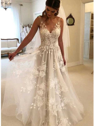 Sexy V-neck Tulle Applique BackLess Wedding Dress, WD0492