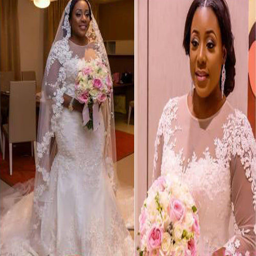 Generous Clairvoyant Outfit  Appliques  Mermaid Lace Tulle Long Illusion Sleeve Plush Size Wedding Dresses, WD0114