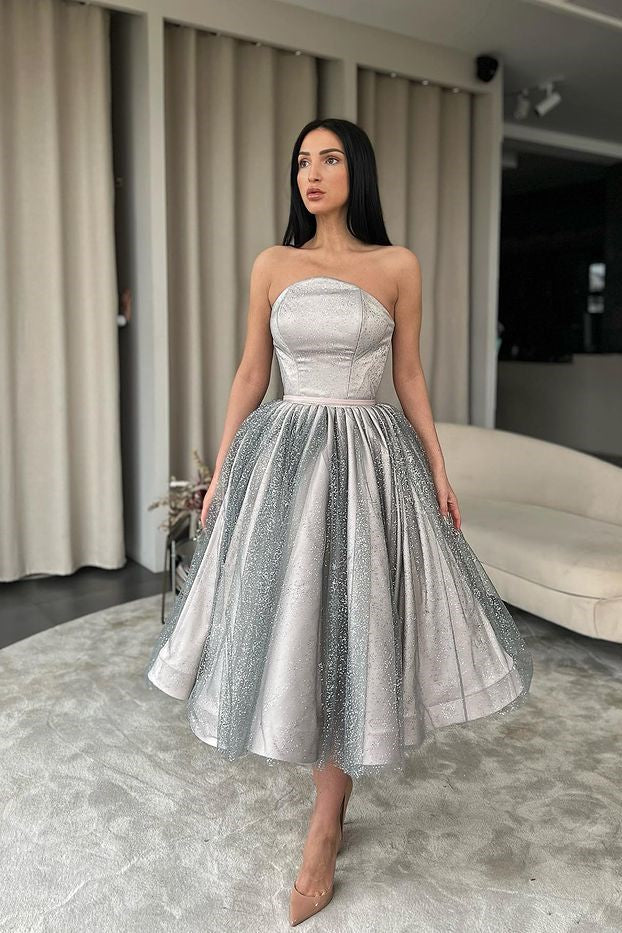 Strapless Silver A-Line Short Prom Dress Ruffle With Sequins and Tulle