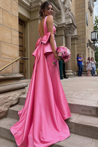 Esther | Cute Mermaid V Neck Pink Satin Long Prom Dresses with Big Bow