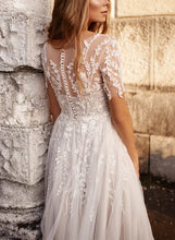 A-Line Appliques Lace Neck Short Sleeves Elegant Tulle Wedding Dresses