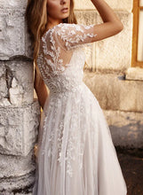 A-Line Appliques Lace Neck Short Sleeves Elegant Tulle Wedding Dresses