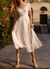 A-Line Appliques Lace Neck Short Sleeves Elegant Tulle Wedding Dresses