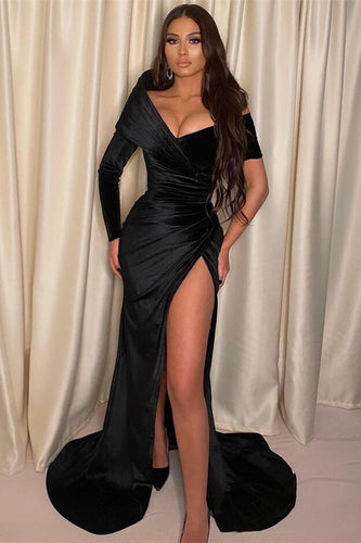 Mermaid Off-The-Shoulder Long Sleeve Black Prom Dress With Slit