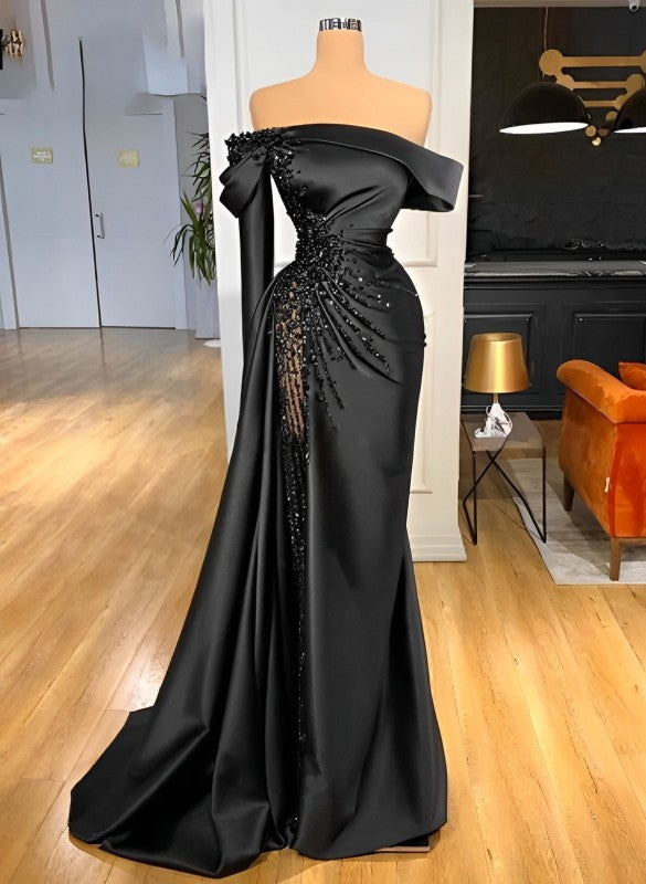 Sheath Off-The-Shoulder Long Sleeves Satin/Sequined Prom Dresses