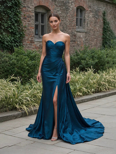 Evening Formal Dress V Neck Blue Silk Ruffles Strapless Maxi Dress