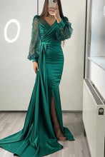 Long Sleeves V-neck Satin Mermaid Prom Dresses with Split