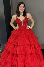 Hadlee | Black Beaded Spaghetti Strap Ruffle Tiered Ball Gown