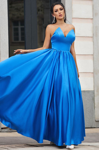 Regal Sapphire A-Line Draped V-Neck Backless Prom Dress