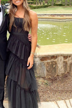 Elegant A-line Layered Tulle Black Prom Dress,Sheer Corset Long Evening Dress,Graduation Dress Y458