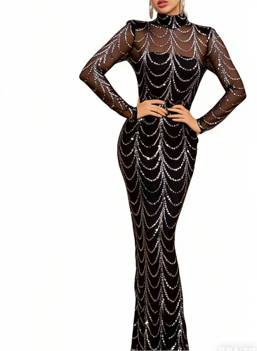 Black Silver Sequin Turtleneck Mesh Long Sleeve Mermaid Dress Evening Gown