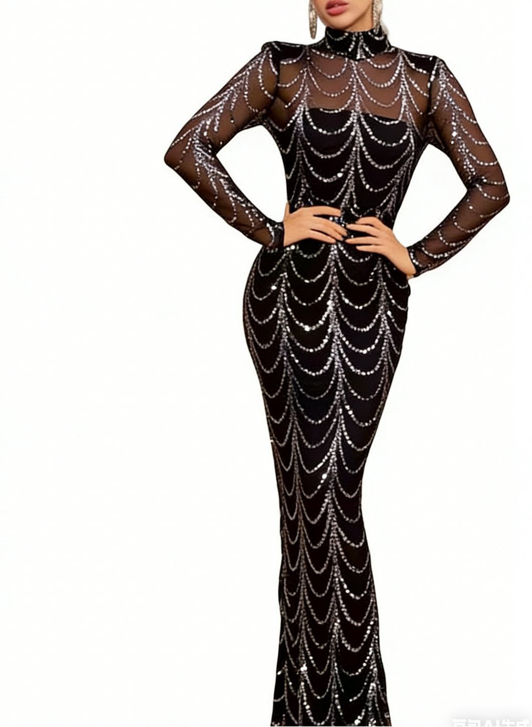 Black Silver Sequin Turtleneck Mesh Long Sleeve Mermaid Dress Evening Gown