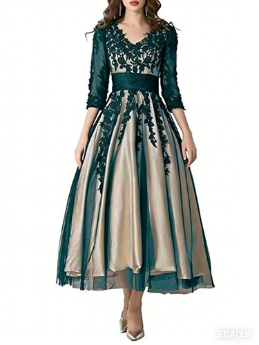 Dark green lace patchwork satin mid length dress