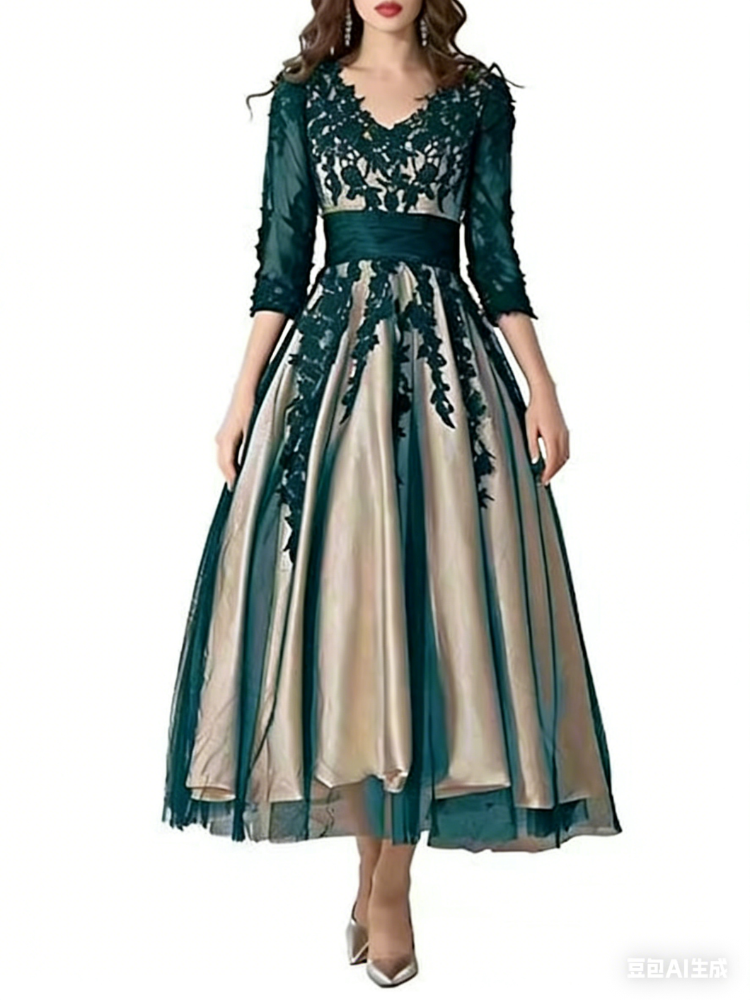 Dark green lace patchwork satin mid length dress