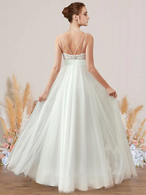 A-Line Wedding Dresses V Neck Spaghetti Strap Floor Length Chiffon Lace Sleeveless Romantic Sexy with Pleats Appliques