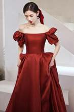 Burgundy Satin Long Prom Dresses A-Line Short Sleeve Evening Dresses Y1170