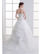 A-Line Wedding Dresses Strapless Court Train Organza Satin Strapless with Pick Up Skirt Ruched Beading