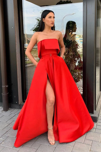 Modern Side Slit Long Red Prom Dress with Ribbon GJS727