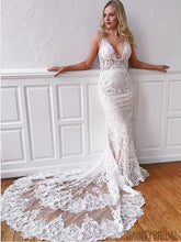 Sexy V-neck Lace Mermaid Wedding Dresses With Long Train.DB10211