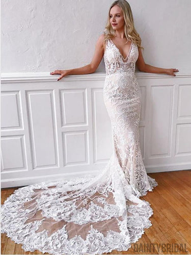 Sexy V-neck Lace Mermaid Wedding Dresses With Long Train.DB10211