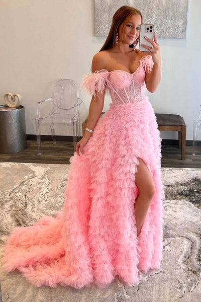 A Line Custom-Made Long Off the Shoulder Sweetheart Prom Dresses with Split GJS735