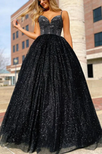 Sparkly A Line Black Spaghetti Straps V Neck Long Prom Dresses GJS746