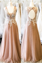 Hollow Out Back Appliqued Long Champagne Prom Dress with Pearls GJS725