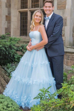 A Line Light Blue Spaghetti Straps Floral Prom Dresses, Ruffles Formal Dresses GJS755