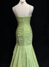 Vintage Green Mermaid Satin Beaded Sequin Evening Dress Spaghetti Strap Long Prom Dress Y8556