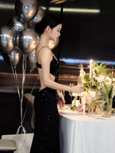 Black Sequins Sparkling Evening Dress Sexy Backless Evening Gown Y1124