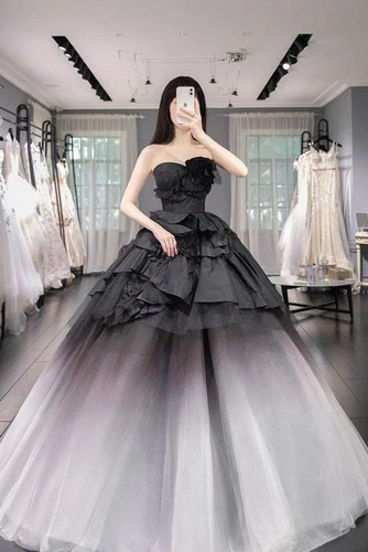 Ball Gown Ombre Tulle Strapless Long Prom Dresses, Tiered Quinceanera Dresses GJS753