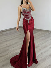 Gold Liquid Beaded Bodice Satin Prom Dress with Slit