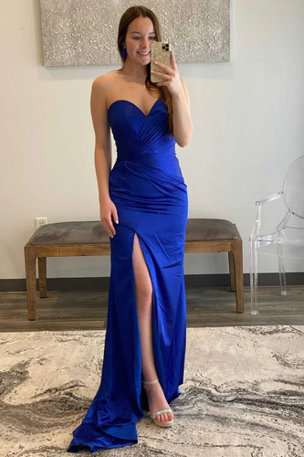 Hot Blue Sweetheart Ruffled Bodice Floor Length Sheath Satin Prom Dresses GJS733