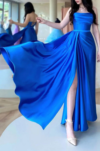 Simple A Line Satin Royal Blue Strapless Long Prom Dress With Slit, Evening Dresses GJS754