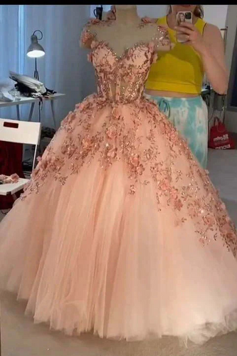 Princess Ball Gown Dusty Pink 3D Floral Appliques Tulle  Quinceanera Dress GJS749