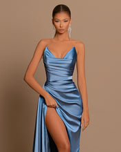 Simple Blue Satin Draped Mermaid Long Prom Dress with Slit