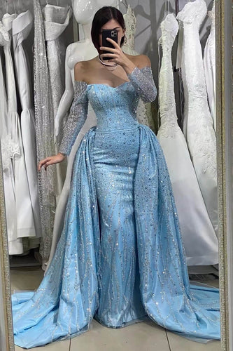 Blue Sequins Long Sleeves Beads Off The Shoulder Sweetheart Evening Dress With Long Ruffles
