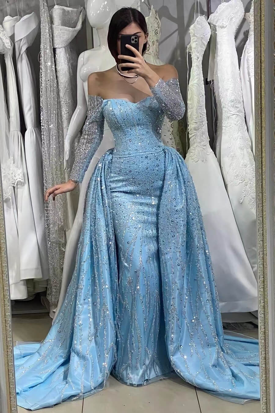 Blue Sequins Long Sleeves Beads Off The Shoulder Sweetheart Evening Dress With Long Ruffles