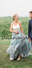 Simple V-neck Spaghetti Strap A-line Tulle Long Wedding Dresses Evening Dresses.DB10714