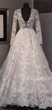 Gogerous V-neck Vintage Tulle Lace Long Sleeves A-line Wedding Dresses With Long Train.DB10402