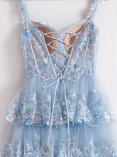 Capri | Blue Crystal Sequins Princess A Line Off the Shoulder Prom Dress with Lace Ruffles