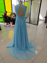 Chiffon Floor Length Prom Dresses A-Line Halter Open Back Pleats