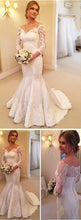 Charming Off Shoulder Long Sleeve Mermaid White Satin Lace Wedding Dresses, WD0206